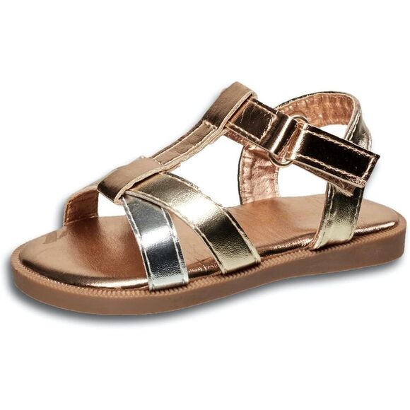 NEW Lucky Brand Girl's Evie Sandal - T Strap Strapped Leatherette Metallic Sanda - Picture 1 of 10